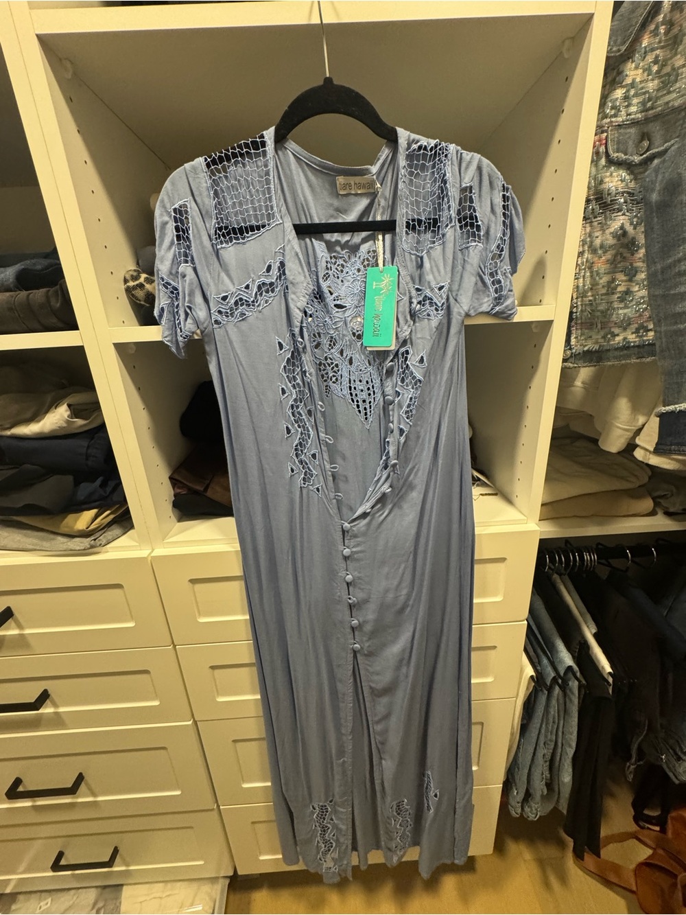Blue Crochet-Accent Maxi Dress with Button Front